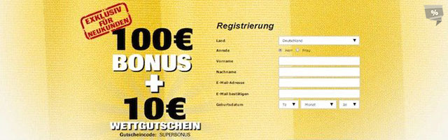 Anmelden und bis zu 100€ Bonus + 10€ Wettgutschein sichern!
